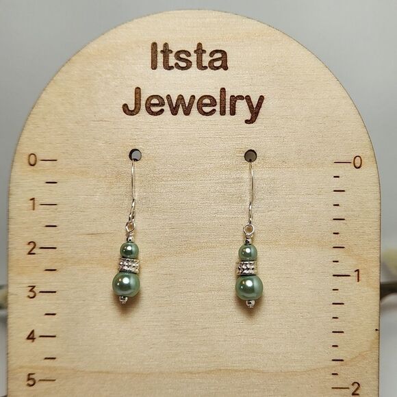 Green Pearl Earrings 4mm and 6mm Czech Glass Pearls  Sterling Silver Earwires - Picture 1 of 6